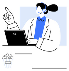 Professional wearing a headset, working on a laptop, raising a hand gesture. Ideal for customer service, tech support, communication, telework, online assistance, remote work abstract line flat