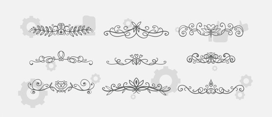 collection of hand-sketched elements - florals, calligraphic elements, arrows, ampersands and catchwords, bursting rays, wreaths and much more