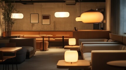 A coworking environment featuring soft lighting, modern seating arrangements, and creative use of space.