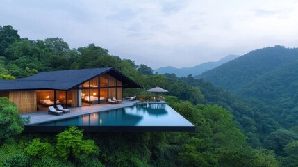 Naklejka premium Modern house with infinity pool nestled in lush mountains.