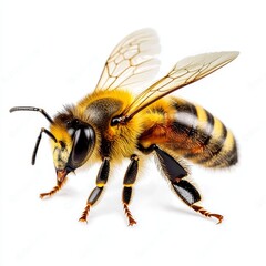 A Honeybee Isolated on a White Background, Insect Macro Photography, Nature, Pollination, Entomology