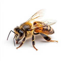 A Honeybee Isolated on a White Background, Insect Macro Photography, Nature, Pollination, Entomology