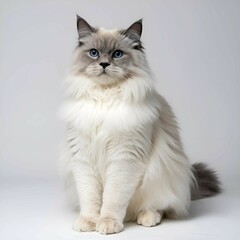 Fototapeta premium White fluffy cat with piercing blue eyes sitting elegantly on a plain background, ideal for pet-themed or animal-focused design projects and photography collections 