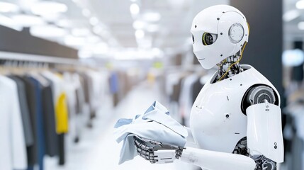 Fototapeta premium A robot holding clothing in a modern retail store.