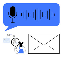 Microphone with sound waves in speech bubble, figure using magnifying glass on dollar sign, envelope symbol, gear icon, minimalistic color scheme. Ideal for communication, podcasting, online