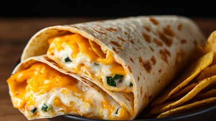 Melted Cheese Filled Wrap Served with Crispy Chips Under Warm Lighting