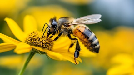 A bee is on a yellow flower