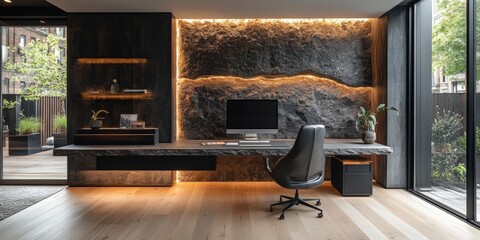 Modern minimalist workspace with floating desk and high fidelity sound urban apartment interior design inspiration contemporary style aesthetic viewpoint