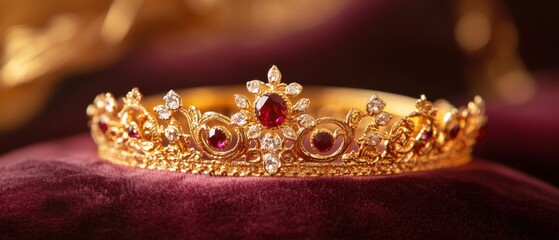 Obraz premium A luxurious golden crown adorned with gemstones, featuring intricate detailing and a regal design, resting elegantly on a plush surface.