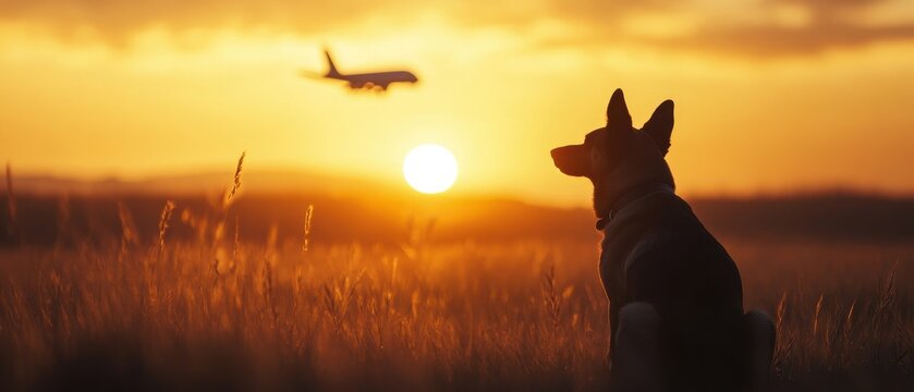 A silhouette of a dog gazes at an airplane flying over a sunset horizon, surrounded by tall grass, creating a serene, contemplative atmosphere.