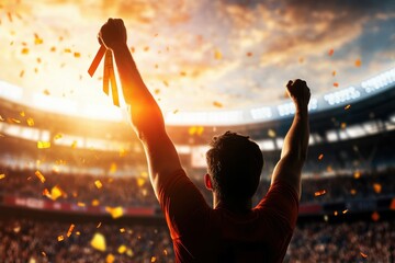 A triumphant athlete celebrates victory in a stadium, with confetti falling and a vibrant sunset in the background.