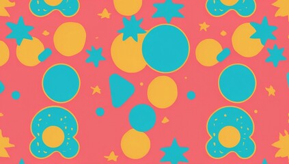 Vibrant and playful design featuring abstract shapes in a whimsical arrangement on a lively pink background