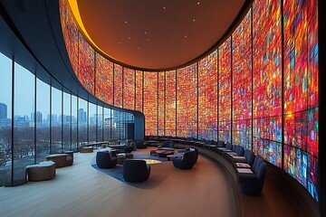 Modern lounge with curved LED wall and city view.