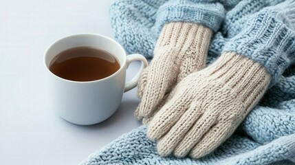 A flat-lay of cozy winter items: knitted gloves, a mug of tea, and a woolen scarf