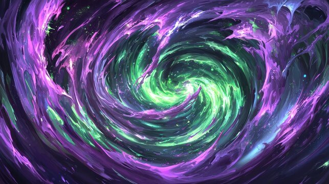 Abstract swirling cosmic nebula painted in purple and green hues