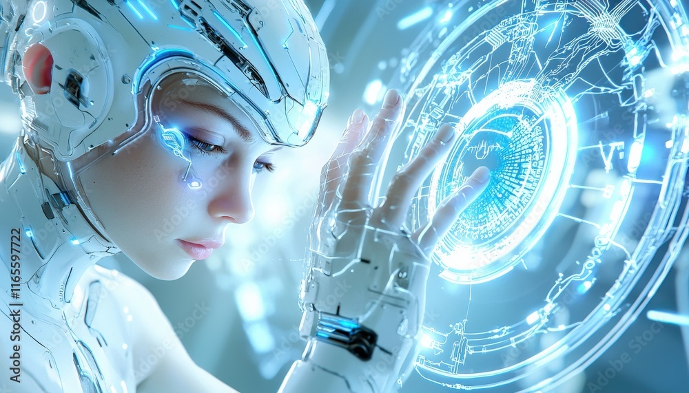 Poster a futuristic digital interface background with glowing neon blue and white elements