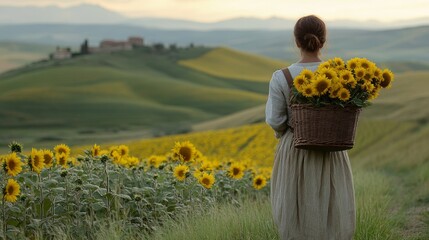 Fototapeta premium A woman is walking through a field of yellow sunflowers
