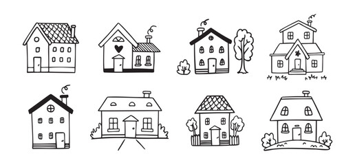 Hand drawn doodle house vector set. Cute outline houses black and white line illustration