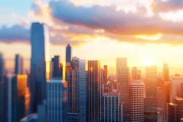 Fototapeta premium Breathtaking Skyscraper Cityscape with Vibrant Sunset Glow over Bustling Urban Landscape