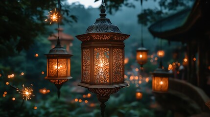 Illuminated Ornate Lanterns Hanging Outdoors At Night