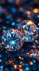 Fototapeta premium Two sparkling diamonds on a surface with out-of-focus colorful lights in the background