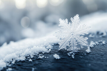A single, perfectly formed snowflake rests on a snow-covered surface, showcasing intricate details and winter's beauty.