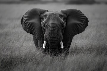 Naklejka premium An elephant standing in tall grass with tusks visible and ears spread out in black and white