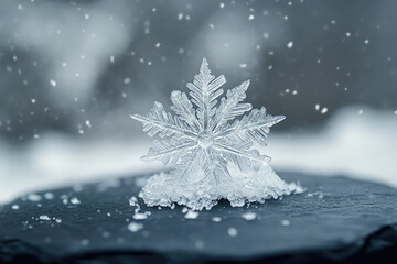 Intricate ice crystal, a single snowflake rests on snow during a snowfall.
