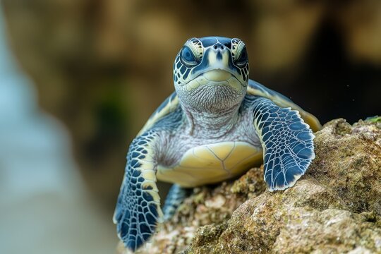 Close-up view of a turtle resting on a rock with a detailed, textured shell