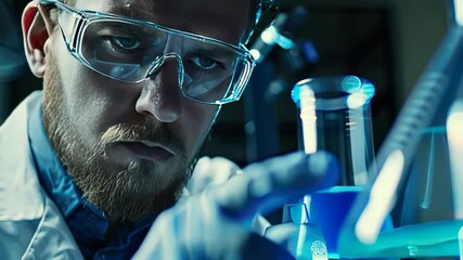 A man works in a laboratory with test tubes. Selective focus. blue.