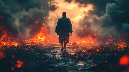 Monk walking away from fiery destruction.