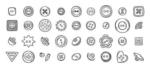 Sewing buttons line hand drawn doodle art icons set. Sewing accessories clothes various outline shapes. 