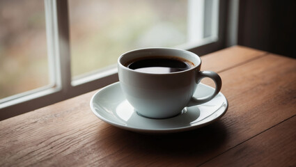 Fototapeta premium A cup of coffee on wood by a sunlit window is perfect for cozy café promotions, coffee blogs, or social media posts.