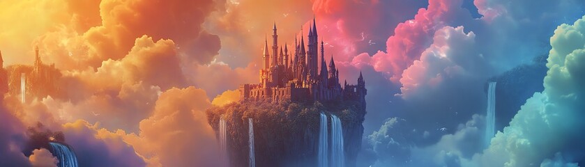Fototapeta premium Magical castle in the clouds, vibrant sunset colors, fantasy art, dreamlike landscape, fairytale setting, majestic architecture, aerial view.