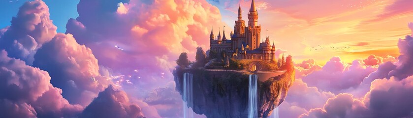 Fototapeta premium Enchanted castle perched atop a floating island, surrounded by vibrant clouds and a breathtaking sunset. A magical fantasy scene.
