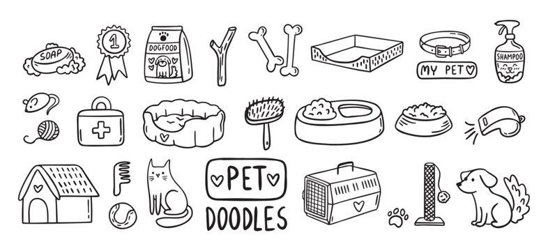 Pet Cat and Dog doodle hand drawn set elements. Pet stuff drawing isolated icons - Powered by Adobe