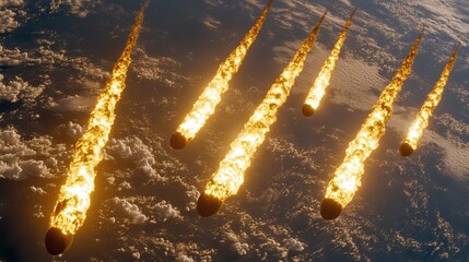 Close-up of Meteorites Hitting the Earth: End of the World, Cinematic Vision, Meteor Showers, Catastrophic Impact