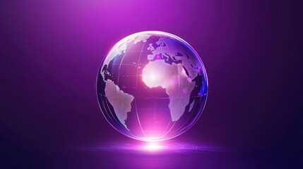 A modern clipart of a glass globe with simplified continents, glowing softly against a deep purple background. A symbol of global connection.