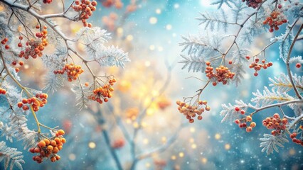 Winter Wonderland Frost-Covered Branches with Clusters of Bright Orange Berries and a Soft, Dreamy Background