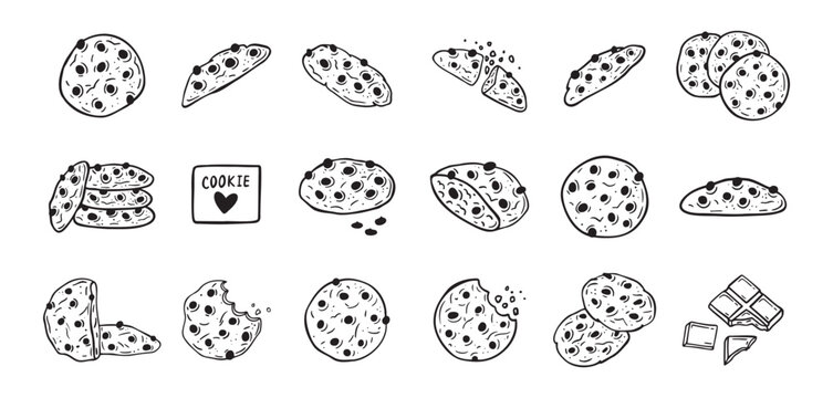 Chocolate chips cookie hand drawn doodle icon set. Drawing black and white sketch biscuit. Chocolate biscuit collection.