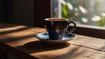 Obraz premium A cup of coffee on wood by a sunlit window is perfect for cozy café promotions, coffee blogs, or social media posts.