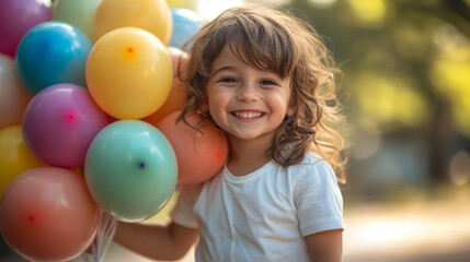 A child with a beaming smile holding a large colorful balloon bouquet
