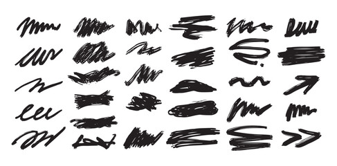 Black abstract brushstrokes, lines, squiggles and swirls set. Vector hand drawn illustration for decorations and various designs.