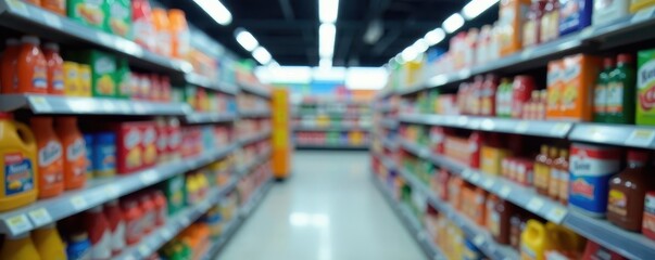 Fototapeta premium Blurred background, convenience store shelves stocked with goods, business, blurred, packages