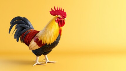 A colorful rooster stands against a bright yellow background.