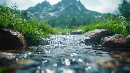 Fototapeta premium Mountain stream water splashing over rocks.