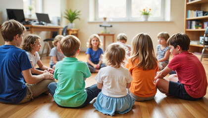 Focused interactions among kids in classroom circle, first school day