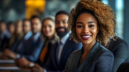 Fototapeta premium A woman with curly hair is smiling at the camera in front of a group of people