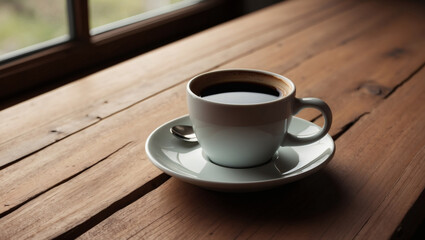 Obraz premium A cup of coffee on wood by a sunlit window is perfect for cozy café promotions, coffee blogs, or social media posts.
