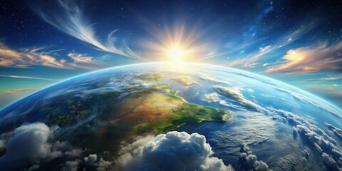 A Breathtaking Sunrise Over Planet Earth, Showing a Vivid Display of Clouds, Ocean, and Land